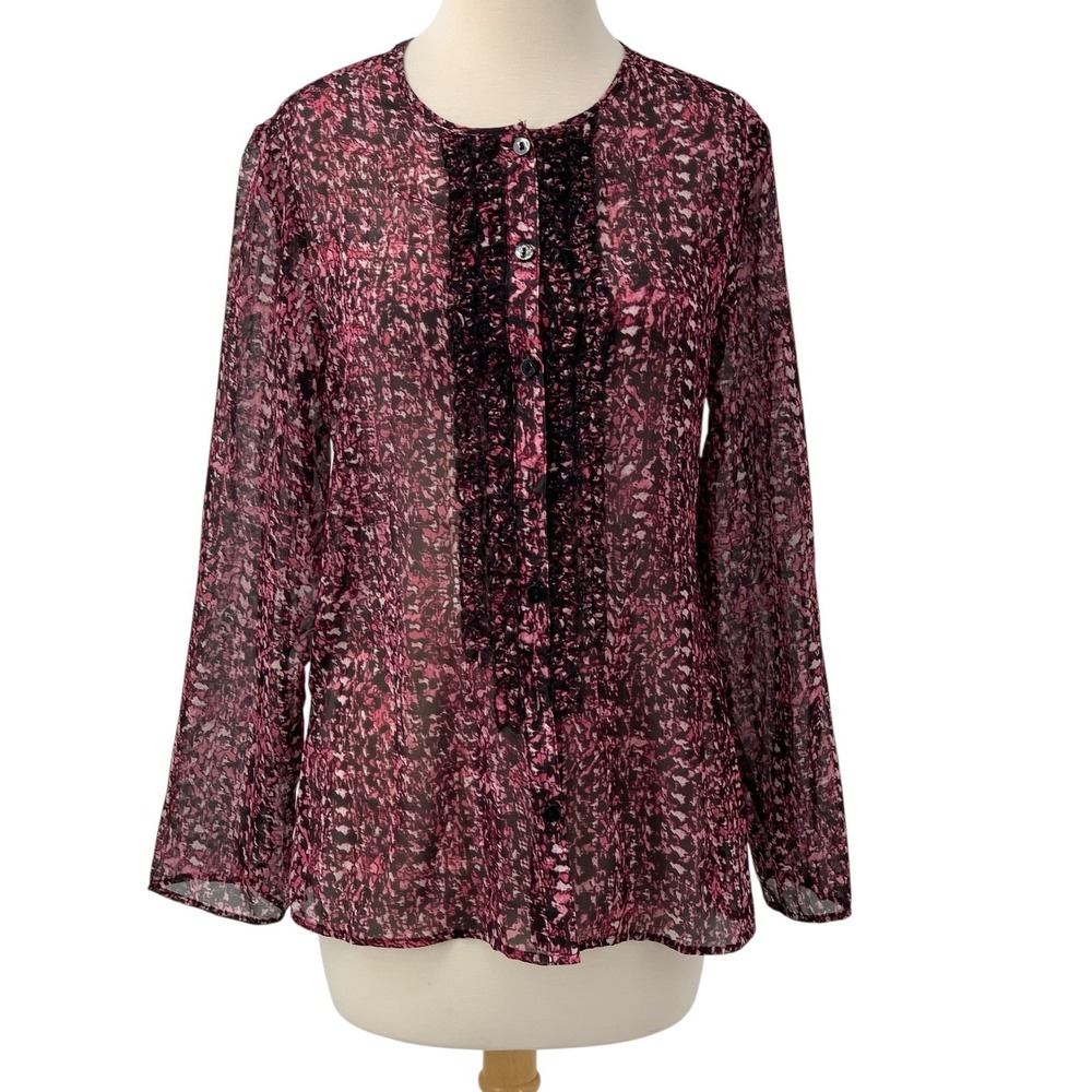 Chicos Long Sleeve Button Down Blouse Top Black/Pink Semi-Sheer Ruffle Size 0/Sm